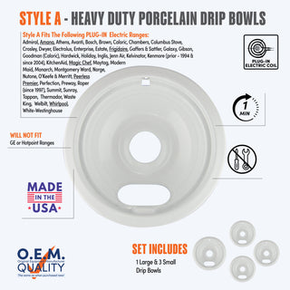 style a 4 pack 1 large and 3 small heavy duty white porcelain drip bowl fit list, made in usa, easy to change out, no tools required, oem quality, plug in electric coil stove types