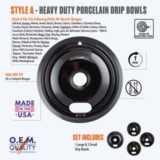 style a 4 pack 1 large and 3 small heavy duty porcelain drip bowl fit list, made in usa, easy to change out, no tools required, oem quality, plug in electric coil stove types