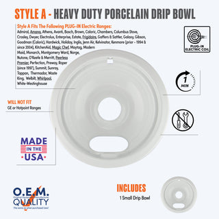 style a 1 small heavy duty white porcelain drip bowl fit list, made in usa, easy to change out, no tools required, oem quality, plug in electric coil stove types