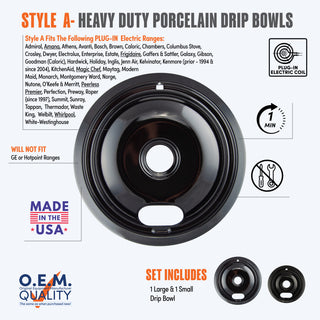 style a 2 pack 1 large and 1 small heavy duty porcelain drip bowl fit list, made in usa, easy to change out, no tools required, oem quality, plug in electric coil stove types