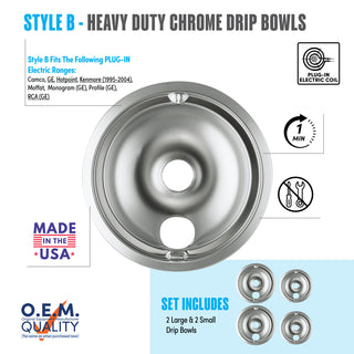 style b 4 pack 2 large and 2 small heavy duty chrome drip bowl fit list, made in usa, easy to change out, no tools required, oem quality, plug in electric coil stove types