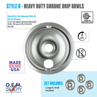 style b 4 pack 1 large and 3 small heavy duty chrome drip bowl fit list, made in usa, easy to change out, no tools required, oem quality, plug in electric coil stove types