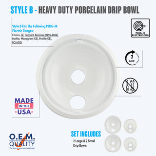 style b 4 pack 2 large and 2 small heavy duty white porcelain drip bowl fit list, made in usa, easy to change out, no tools required, oem quality, plug in electric coil stove types