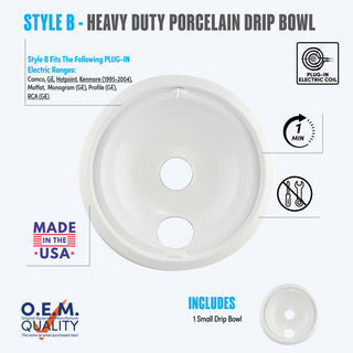 style b  1 small heavy duty white porcelain drip bowl fit list, made in usa, easy to change out, no tools required, oem quality, plug in electric coil stove types