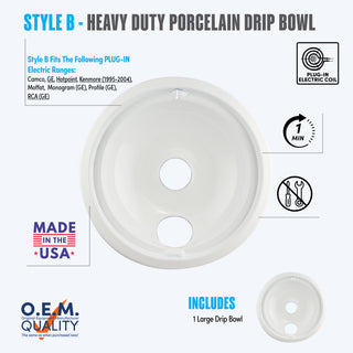 style b 1 large heavy duty white porcelain drip bowl fit list, made in usa, easy to change out, no tools required, oem quality, plug in electric coil stove types
