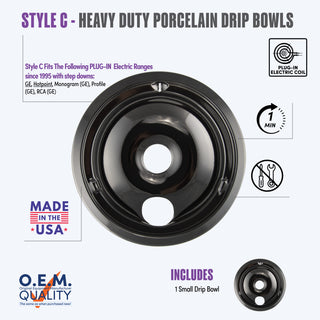 style c 1 small heavy duty porcelain drip bowl fit list, made in usa, easy to change out, no tools required, oem quality, plug in electric coil stove types