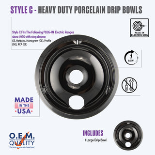 style c 1 large heavy duty porcelain drip bowl fit list, made in usa, easy to change out, no tools required, oem quality, plug in electric coil stove types