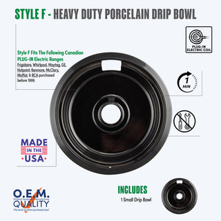 style f 1 small heavy duty black porcelain drip bowl fit list, made in usa, easy to change out, no tools required, oem quality, plug in electric coil stove types