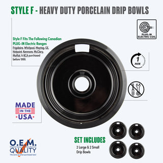 style f  4 pack 2 large 2 small heavy duty black porcelain drip bowl fit list, made in usa, easy to change out, no tools required, oem quality, plug in electric coil stove types