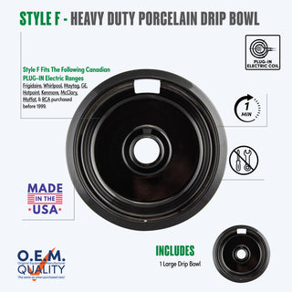 style f 1 large heavy duty black porcelain drip bowl fit list, made in usa, easy to change out, no tools required, oem quality, plug in electric coil stove types