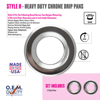 style h 2 pack heavy duty chrome drip pan fit list, made in usa, easy to change out, no tools required, oem quality, gas range