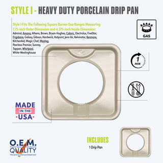 style i 1 pack heavy duty almond porcelain drip pan fit list, made in usa, easy to change out, no tools required, oem quality, gas range