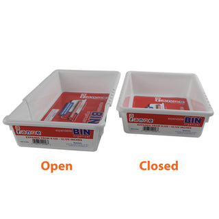 large expandable bin showing side by side, open and closed to demonstrate the expanding feature