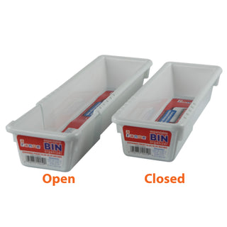 longer expandable bin showing side by side, open and closed to demonstrate the expanding feature
