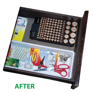 Showing how neat and organized a junk drawer can be after using the battery storage organizer