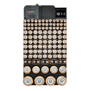 Battery organizer with compartments filled with batteries on a white background