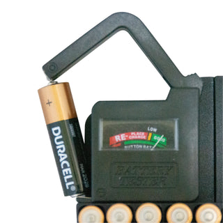 Battery tester with AA Duracell battery on a white background