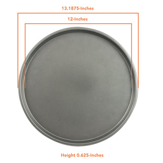 nonstick metal pizza pan on white background with measurements