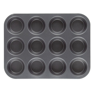 overhead view of 12 cup muffin-cupcake pan on white background