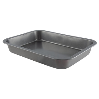 angled view of lasagna metal baking pan on white background