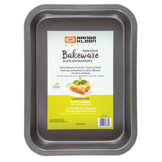 Gray nonstick metal  lasagna pan with Range Kleen label on a white background