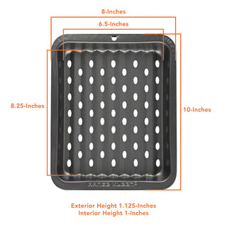 measurements of crisper pan on white background