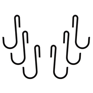 6 black metal pot rack hooks on white background