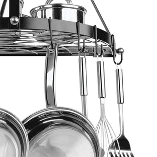 lifestyle photo showing pot rack with the black hooks being used.