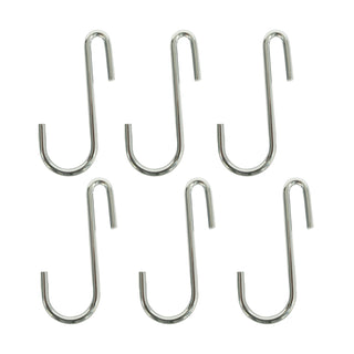6 chrome pot rack hooks on white background