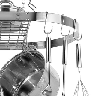 lifestyle photo showing pot rack with the chrome hooks being used.