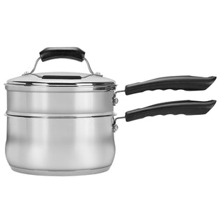 2 quart stainless steel sauce pan with double boiler insert on white background