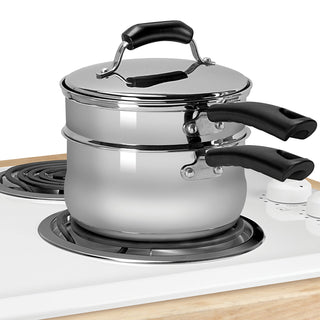 2 quart stainless steel sauce pan and double boiler insert with lid on stove
