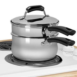 4-Piece Stainless Steel Double Boiler: 3-Quart Saucepan, Lid, Double Boiler and Steamer Inserts on stove