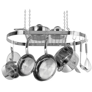 stainless steel oval hanging pot rack with cookware hanging on white background