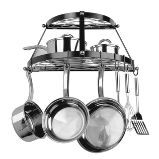 Black enameled steel double shelf wall pot rack with cookware hanging. Cookware not included. 