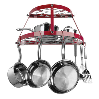 Red enameled steel double shelf wall pot rack with cookware hanging. Cookware not included. 