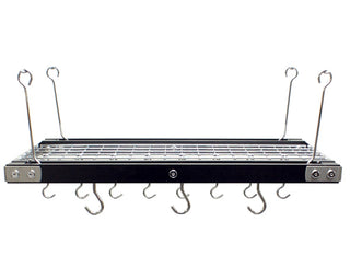walnut finish ceiling hanging pot rack on white background