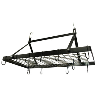 black hanging rectangle pot rack with hooks on white background