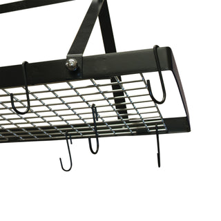 Closeup of black hanging rectangle pot rack with hooks on white background