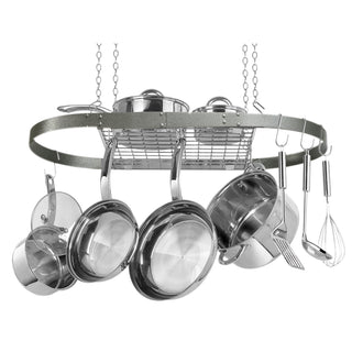hammered gray enameled steel oval hanging pot rack with cookware hanging on white background