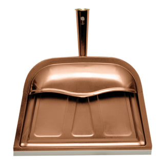 copper colored hooded metal dust pan on white background