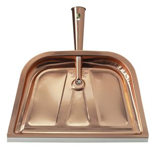 copper colored metal dust pan on white background