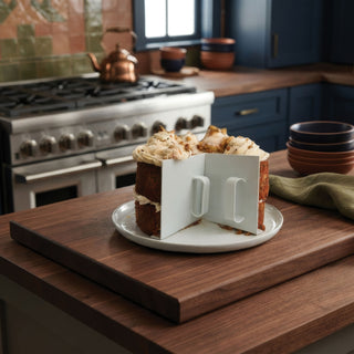 white cake savers on a carrot cake sitting on wood island in a kitchen
