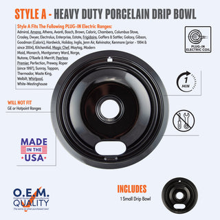 A product information graphic for Style A heavy duty porcelain drip bowls, showing a black porcelain bowl,compatibility list, OEM quality badge, and plug-in electric coil icon on a light blue background.