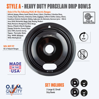 A product information graphic for Style A heavy duty porcelain drip bowls, showing a black porcelain bowl,compatibility list, OEM quality badge, and plug-in electric coil icon on a light blue background.