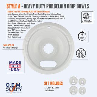 A product information graphic for Style A heavy duty white porcelain drip bowls with icons of plug-in electric coil element, with smaller inset images showing what is included in set