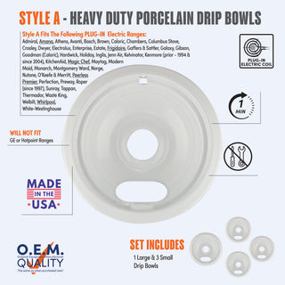 A product information graphic for Style A heavy duty white porcelain drip bowls with icons of plug-in electric coil element, with smaller inset images showing what is included in set