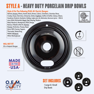 A product information graphic for Style A heavy duty porcelain drip bowls, showing a black porcelain bowl,compatibility list, OEM quality badge, and plug-in electric coil icon on a light blue background.