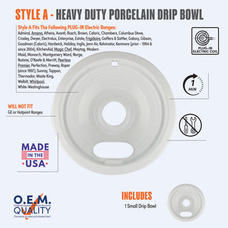 A product information graphic for Style A heavy duty white porcelain drip bowls with icons of plug-in electric coil element, with smaller inset images showing what is included in set