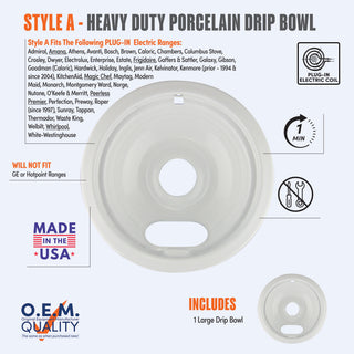 A product information graphic for Style A heavy duty white porcelain drip bowls with icons of plug-in electric coil element, with smaller inset images showing what is included in set